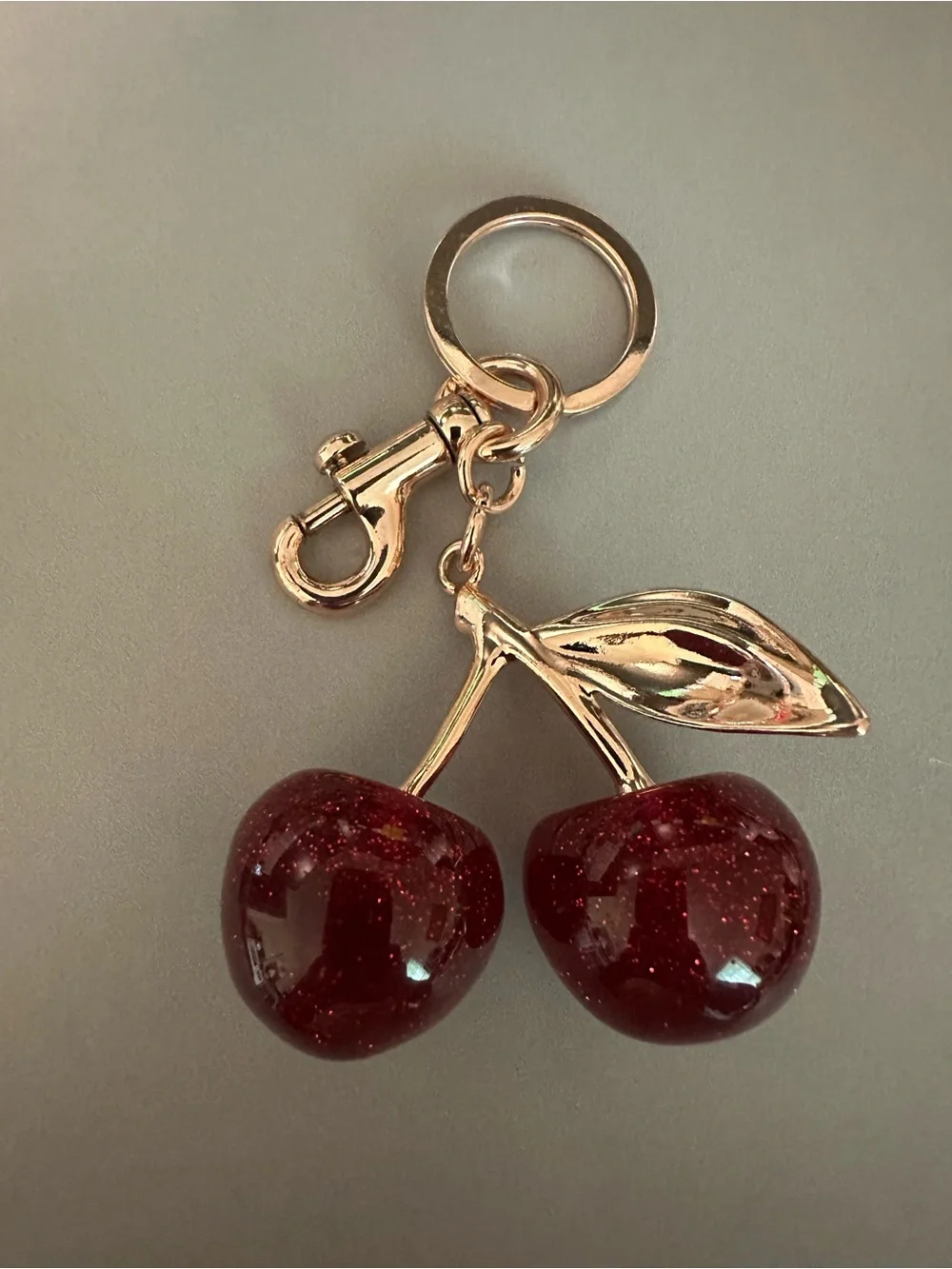 Rose Gold-Tone Cherry Keyring with Deep Red Sparkling Cherries